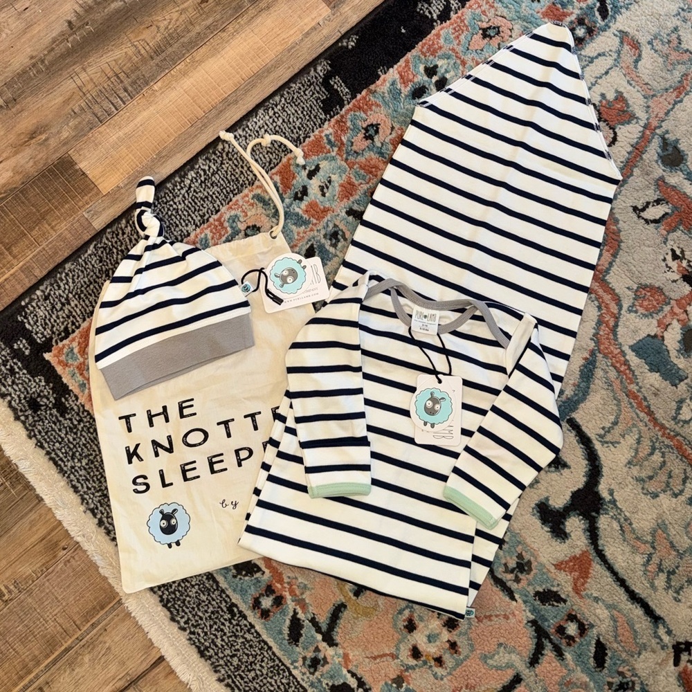 Purl Lamb The Knotted Sleeper Blue Striped PJS with Hat 5-15lbs NEW